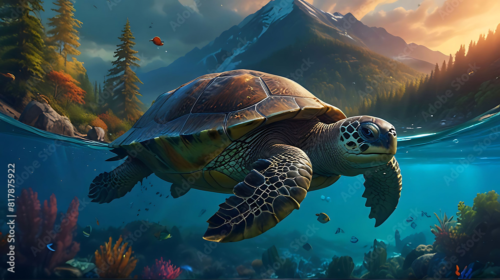 Obraz premium Giant turtle swimming through the sea, carrying forests and mountains on its back, a vivid and dramatic digital painting capturing a breathtaking Artstation contest winner