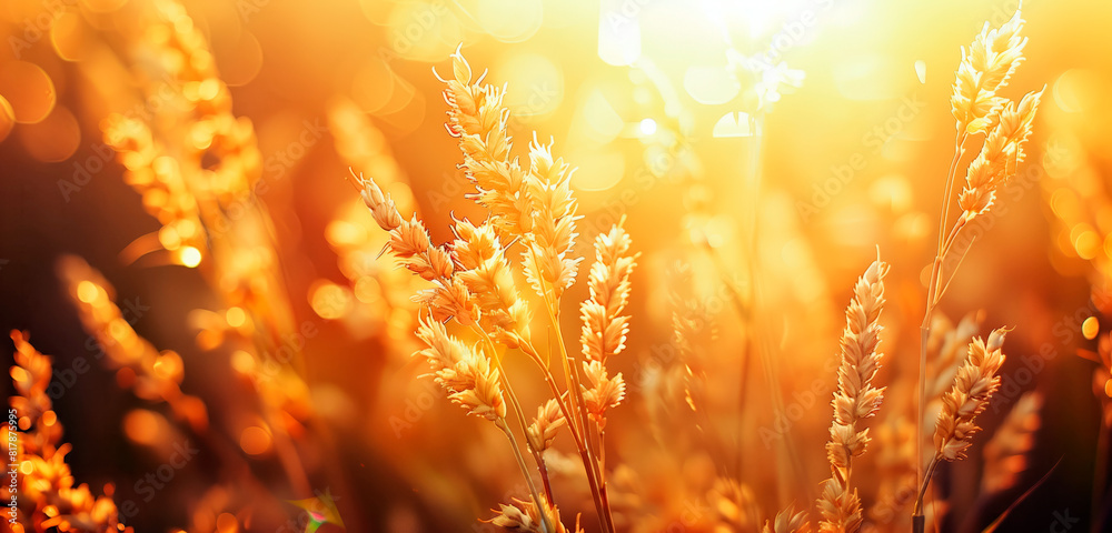Fototapeta premium Beautiful wheat field at sunset. Golden wheat close up.