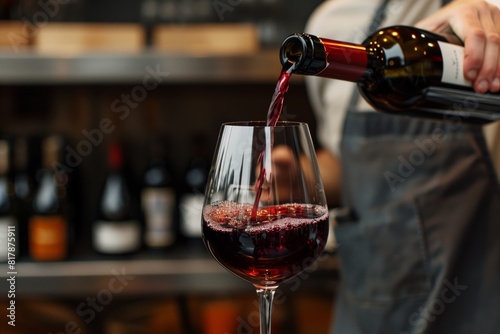 Close-up of a person pouring red wine into a glass with more wine bottles in the blurred background, creating a warm and inviting setting.