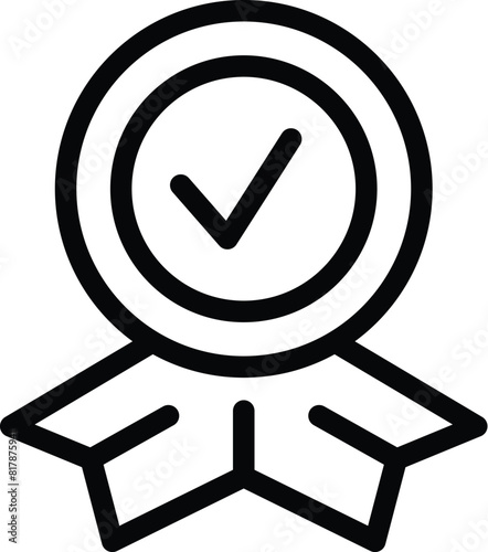 Outlined check mark in a circle with ribbon, representing approval or certification