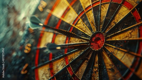 Dartboard detail shot with dart perfectly hitting bullseye, precision emphasized
