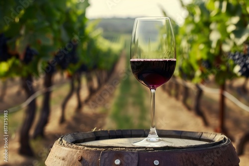 A glass of red wine placed on a wooden barrel with a vineyard in the background, showcasing rows of grapevines under a sunny sky.