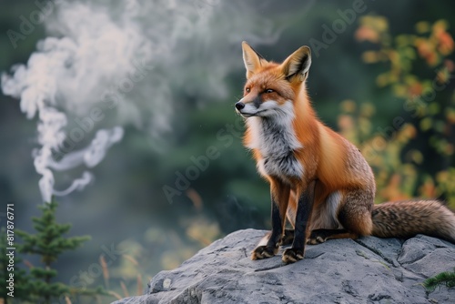 A majestic red fox sits on a rock in a forest as smoke or mist rises in the background, creating a mysterious atmosphere.
