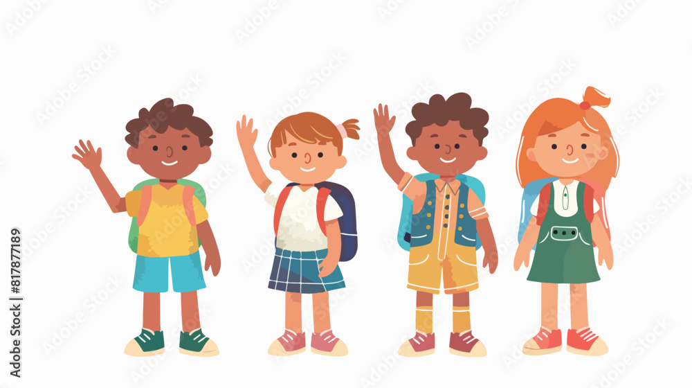 Four of modern schoolchildren waving hands and saying