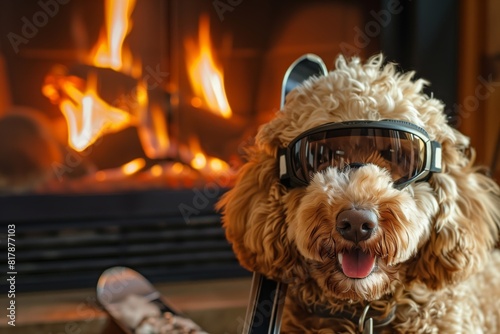 Adorable curly-haired dog wearing ski goggles, sitting by a cozy fireplace, exuding warmth and winter adventure vibes.