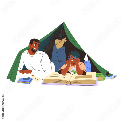 Father teaches his kid reading. Dad and child study, learning book together. Family lying in tent from blanket. Funny activity with daddy indoor. Flat isolated vector illustration on white background