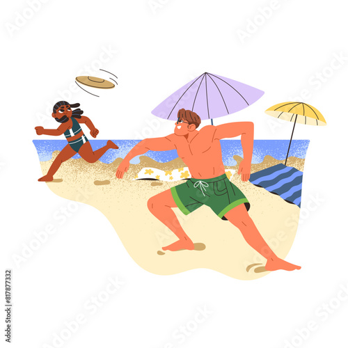 Father and kid play flying disk together at resort. Dad has fun with child on sand beach. Family does sport on sea shore during summer vacation. Flat isolated vector illustration on white background