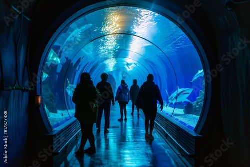 Group of people walking through an underwater tunnel in an aquarium, surrounded by sea life including sharks and rays in a captivating blue-lit environment. photo