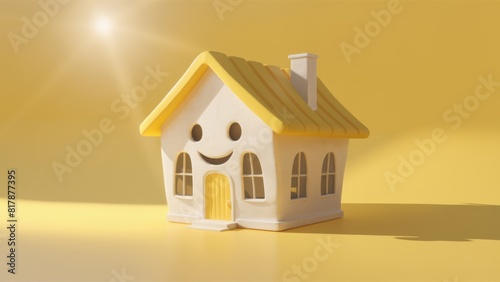 3D smiling house on a yellow background - real estate promotion - property listings - home improvement