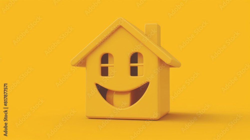 3D smiling house on a yellow background - real estate promotion - property listings - home improvement 3D smiling house on a yellow background - real estate promotion - property listings - home improvement