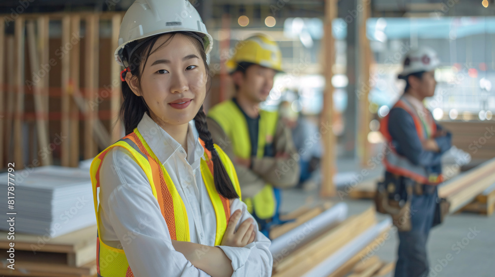 A portrait of a female construction work team leader with arms crossed in construction gear, with her team working behind her A portrait of a female construction work team leader with arms crossed in construction gear, with her team working behind her