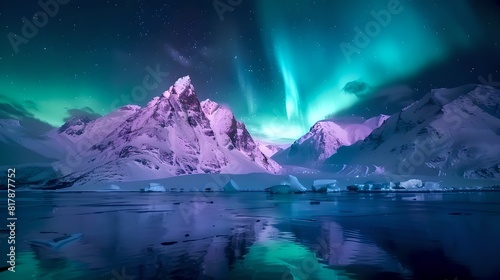 Majestic Northern Lights over Snowy Mountains  a Scene of Tranquility. Natures Beauty Captured at Night. Idyllic Winter Landscape for Calm Backgrounds. AI