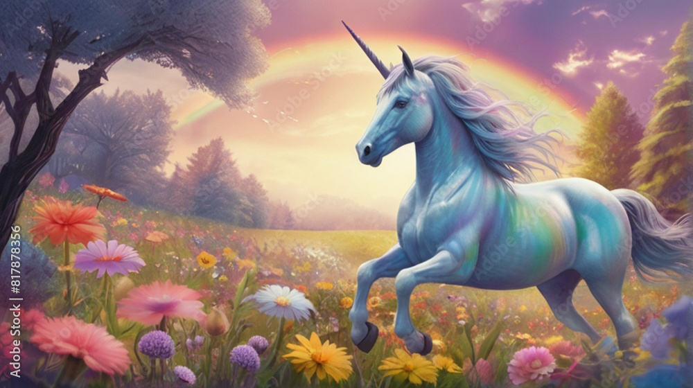 In a whimsically enchanting magical landscape a dazzling dreamlike rainbow unicorn gallops in a meadow of pastel-hued flowers In a whimsically enchanting magical landscape a dazzling dreamlike rainbow unicorn gallops in a meadow of pastel-hued flowers
