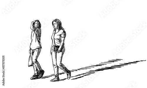 Hand drawing of two walking people, mother and daughter, casting a long shadow, Vector sketch isolated, Hand drawn illustration