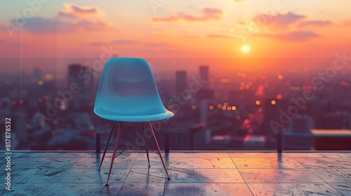 White chair poised on a high floor with a stunning cityscape and sunset in the background