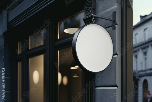 a circular sign hanging on the side of a building