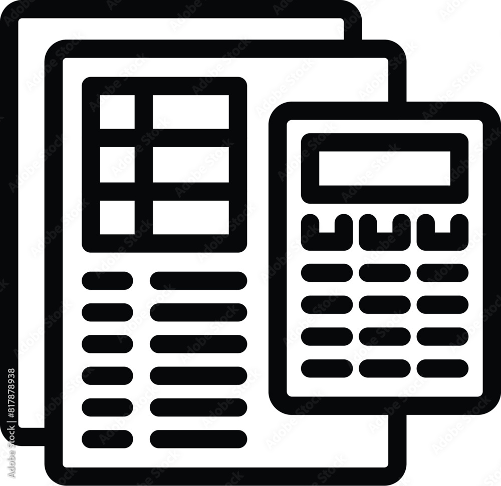 Icon illustration of financial papers and a calculator, symbolizing accounting and budgeting Icon illustration of financial papers and a calculator, symbolizing accounting and budgeting