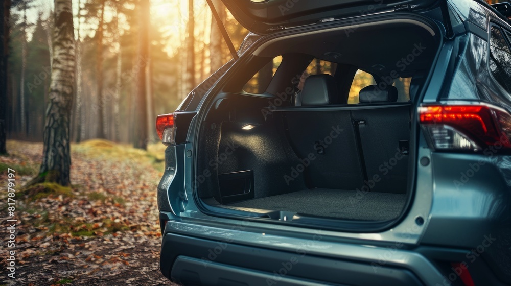 Open off-road car trunk with luggage inside on a mountain at sunset. holidays and weekends. Active turism.