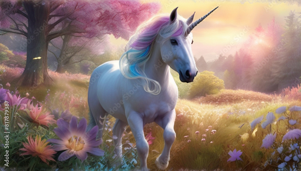 In a whimsically enchanting magical landscape a dazzling dreamlike rainbow unicorn gallops in a meadow of pastel-hued flowers