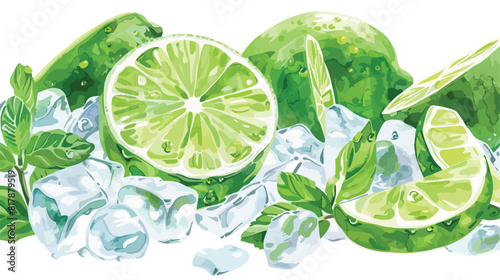 Slices of fresh lime frozen in ice and mint on white
