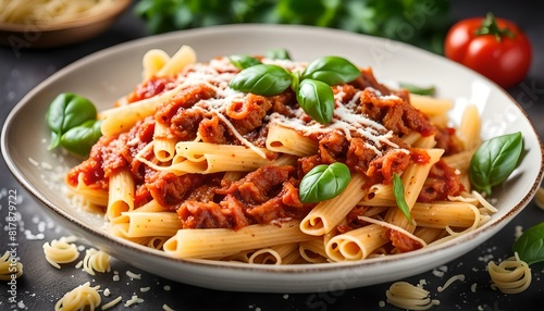 Pasta arrabiata delicious, spicy and simple delicous pasta with meat and parmesan cheese
 photo
