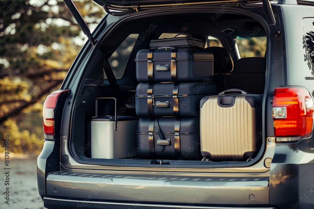 Fototapeta premium Rear view of an SUV with its trunk open, packed with modern suitcases and a cooler, ready for a road trip amidst a natural background.
