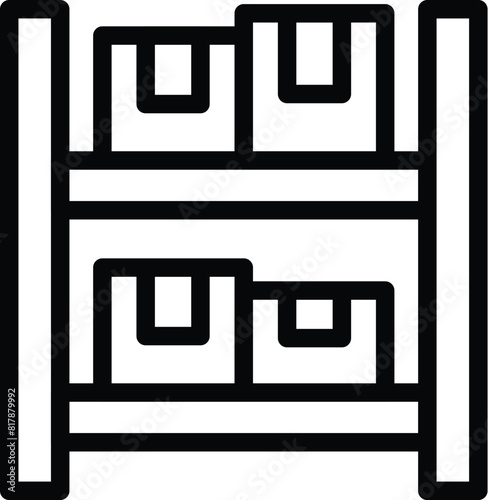 Vector illustration of a simple, minimalistic black line design storage shelf icon, perfect for organization and storage solutions in warehouses, offices, businesses, and homes