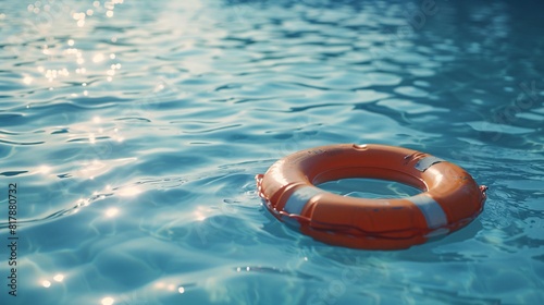 Lifebuoy buoyantly floating on the calm, azure waters of the pool.