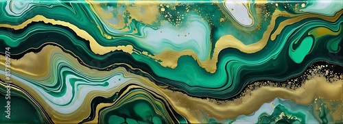 Background green gold abstract texture marble pattern liquid ink paint. Dark background green gold luxury stone wallpaper golden watercolor foil agate black art design emerald color fluid water moder	 photo