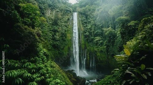 A powerful image of a majestic waterfall in a lush rainforest  capturing the vibrant and untouched natural beauty