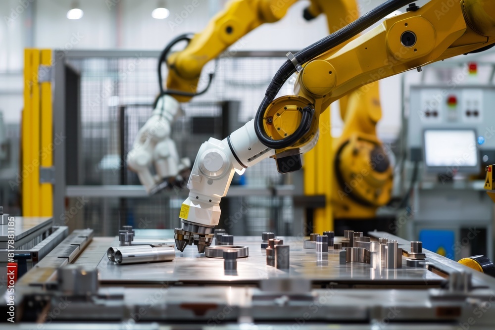 Industrial robotic arms engaged in precision manufacturing in an automated factory setting, performing tasks on a metalwork surface. Industrial robotic arms engaged in precision manufacturing in an automated factory setting, performing tasks on a metalwork surface.