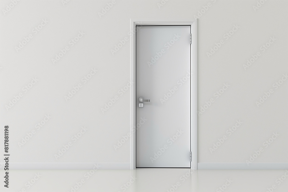 A white door with a silver handle sits in front of a white wall A white door with a silver handle sits in front of a white wall