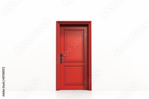 A red door with a black handle sits in front of a white wall
