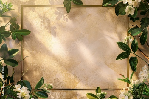 Frame or borders made of green jasmine with leaves on beige background.