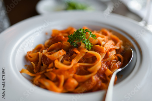 Italian traditional dish tagliatelle pasta with shrimp 
