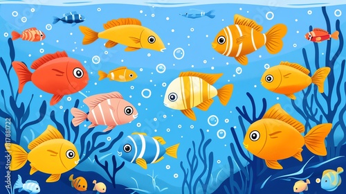 Aquarium fish flat design front view aquatic cartoon drawing analogous color scheme