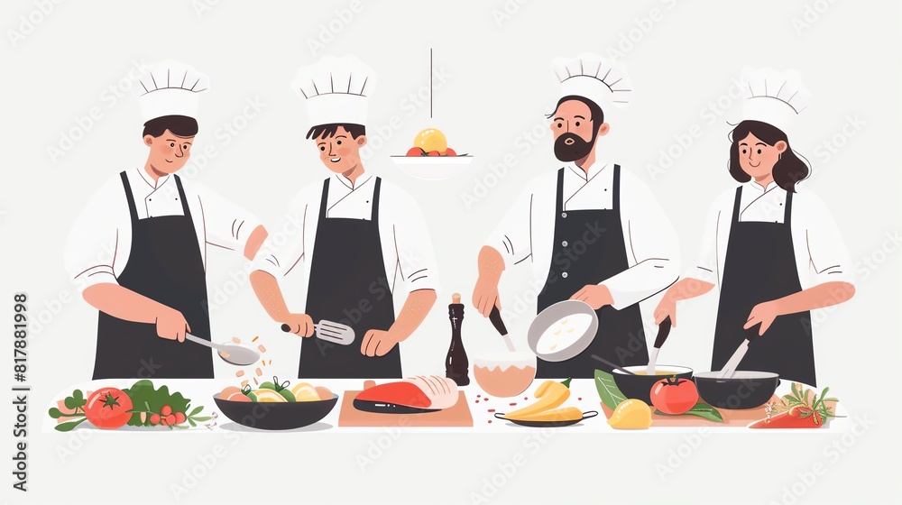 Cooking class flat design front view instructional cartoon drawing analogous color scheme Cooking class flat design front view instructional cartoon drawing analogous color scheme