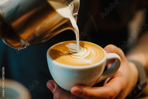 Close-up of a barista pouring milk into a cup of coffee, creating latte art with a leaf pattern in a white cup. photo