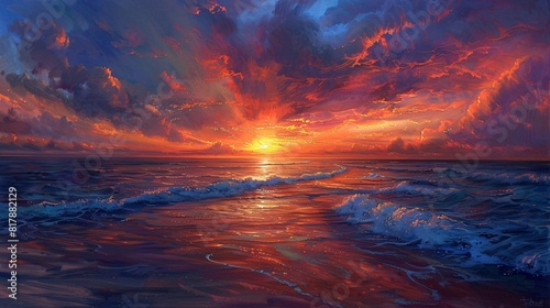 Breathtaking sunset paints vibrant hues over serene sea.