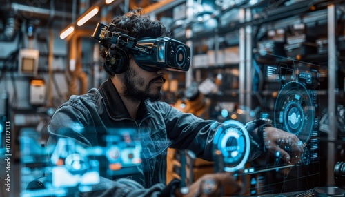 A futuristic engineer working on a complex machine, surrounded by holographic simulations and wearing a VR headset.