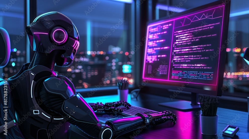 AI providing code assistance to a developer. High tech AI providing code assistance to a developer. High tech