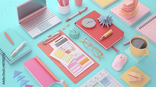 Financial planning flat design top view secure 3D render monochromatic color scheme