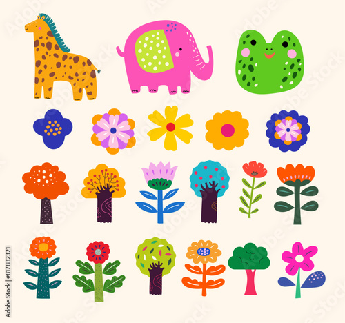Vector creative cartoon collection with funny flowers, animals and trees. Modern floral stickers  © moleskostudio