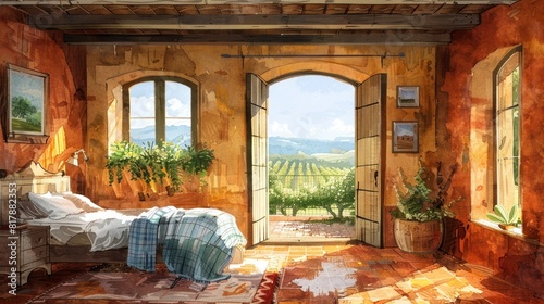 Sunlit Italian Villa Bedroom with Fresco Ceilings Overlooking a Vineyard Panorama