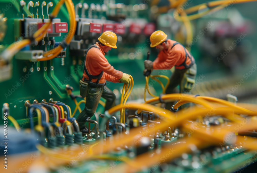 tiny construction workers connecting cables on an electrical board