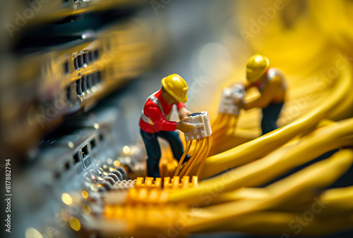 tiny construction workers connecting cables on an electrical board
