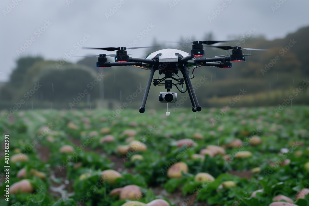 Fototapeta premium A drone hovers over a field of leafy crops during a rainy day, demonstrating agricultural surveillance and technology in farming.
