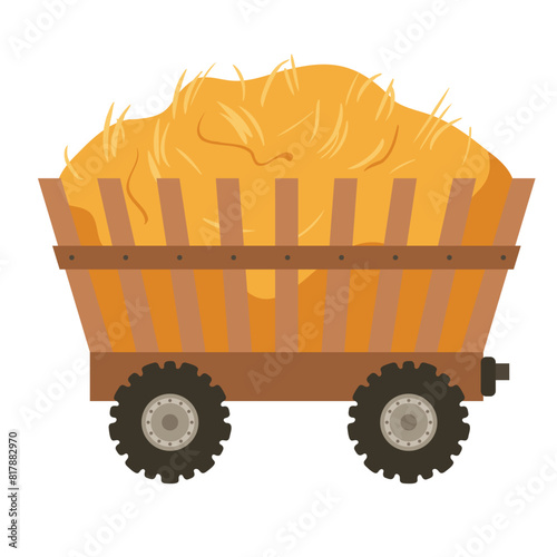 Haystack in a wooden cart, minimalistic style, hay isolated on a white background. Vector stack of straws. Agriculture harvest, farming work vector illustration.
