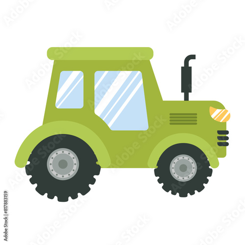 Vector green tractor in flat minimalistic style, isolated on white background. Agricultural machinery in doodle style. Country car.