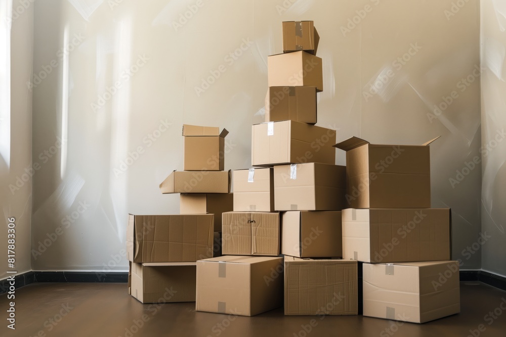 A stack of various-sized cardboard boxes arranged against a plain wall in an empty room, representing moving, storage, or delivery. A stack of various-sized cardboard boxes arranged against a plain wall in an empty room, representing moving, storage, or delivery.